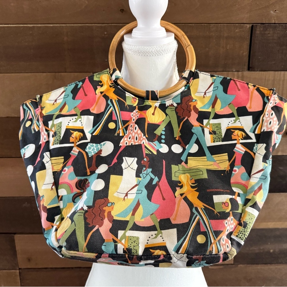 Colorful Abstract Women's Bag with Bamboo Handles💚